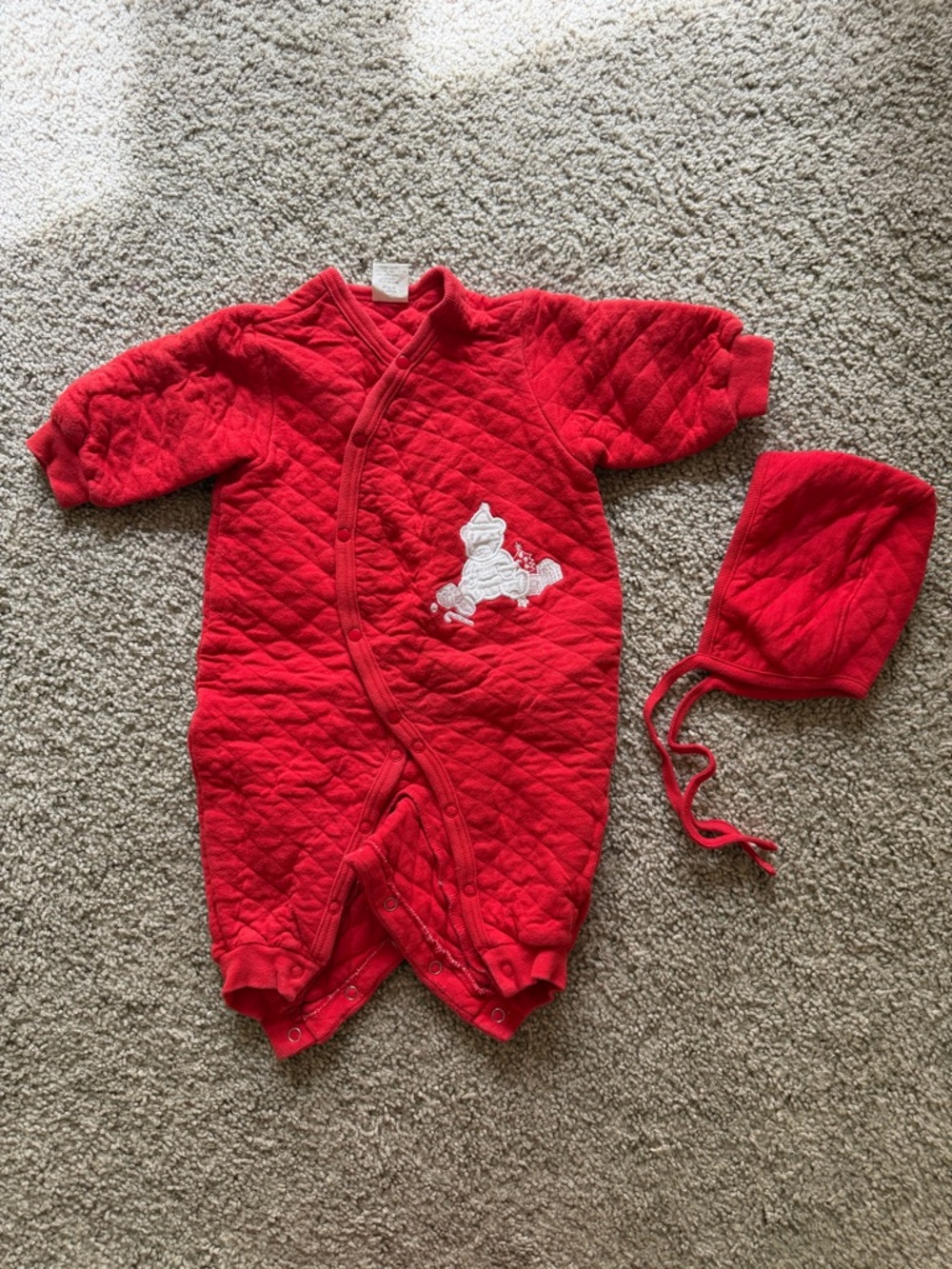 Vintage Agabang Baby Red Quilted Baby Outfit with bonnet